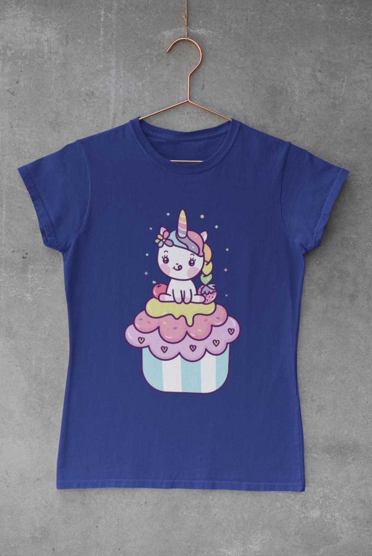 cute girl in a blue tshirt with a Unicorn on a cupcake