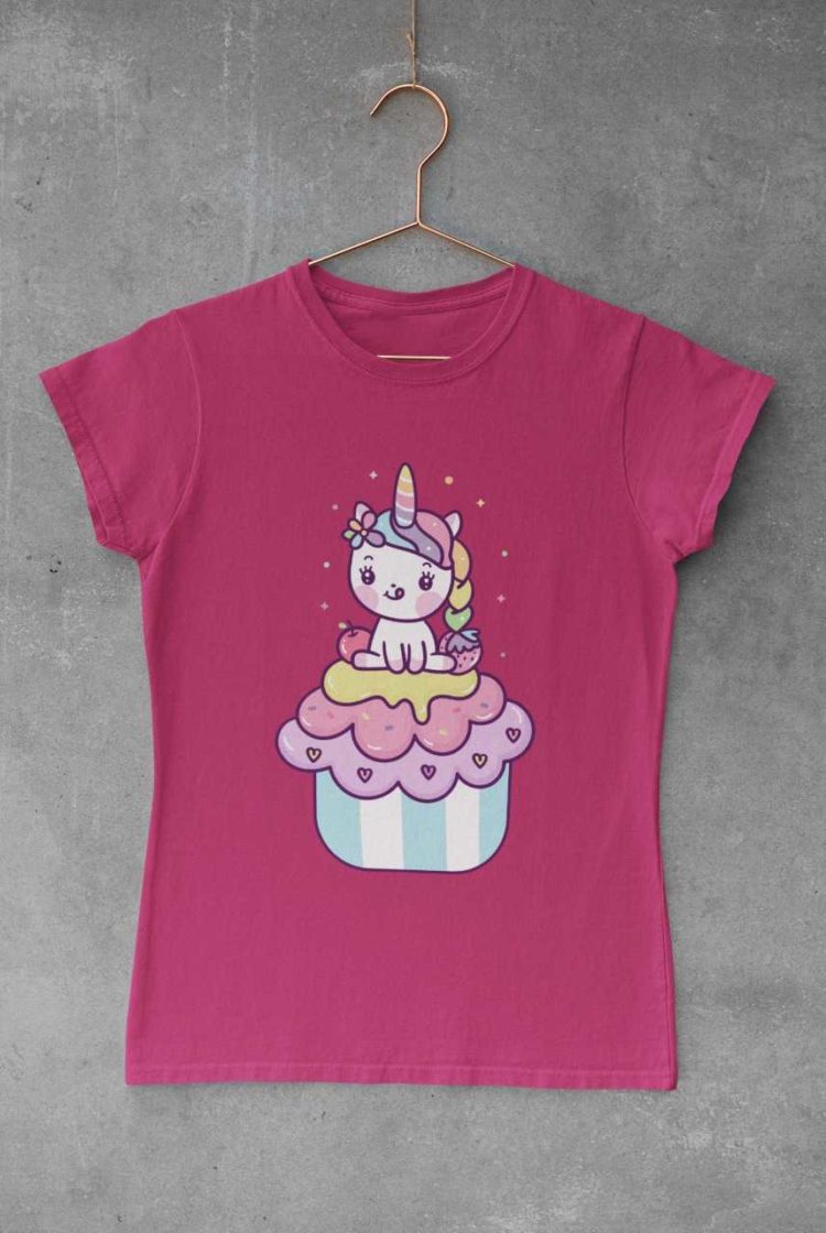 cute girl in a dark pink tshirt with a Unicorn on a cupcake