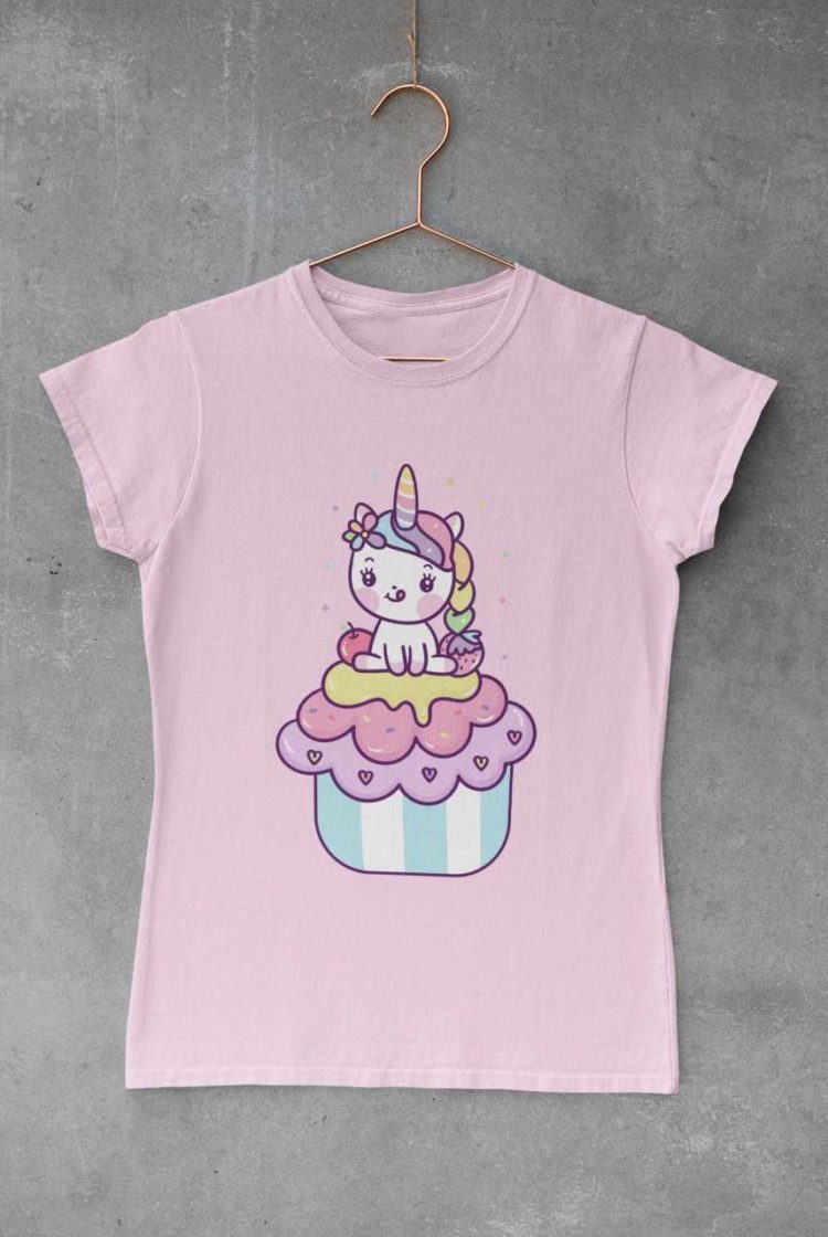cute girl in a light pink tshirt with a Unicorn on a cupcake