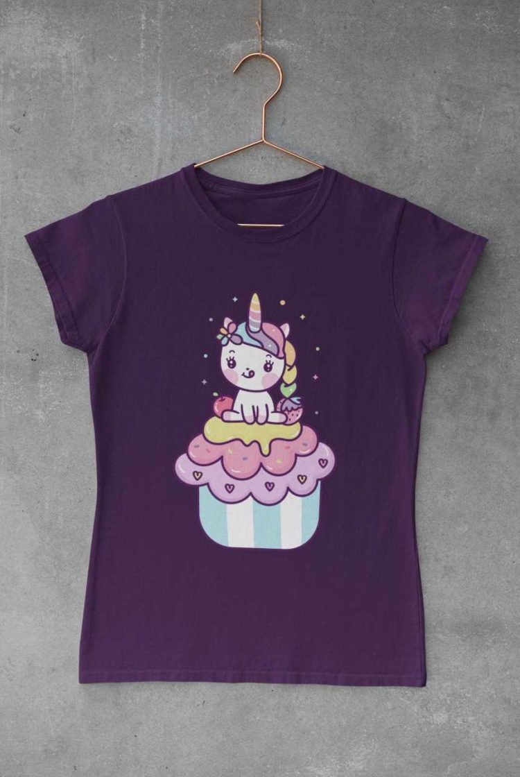 purple tshirt with a Unicorn on a cupcake