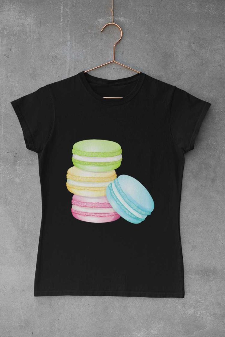 Stack of Macarons on a black tshirt