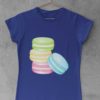 Stack of Macarons on a deep blue tshirt