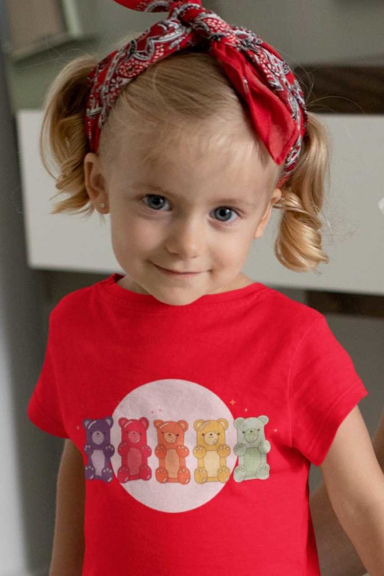 Cute girl in a red gummy bears tshirt