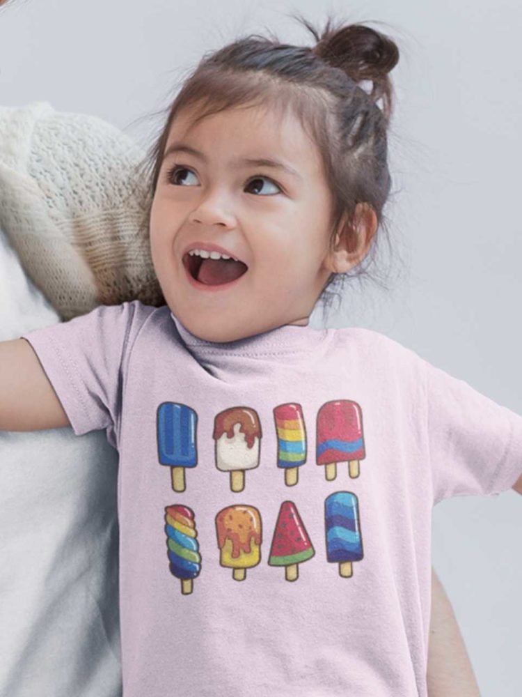little girl in light pink tshirt with a set of popsicles
