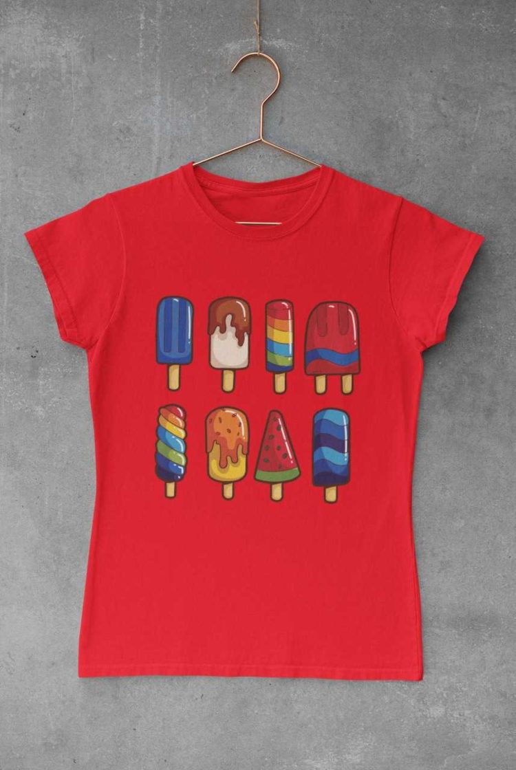red tshirt with a set of popsicles