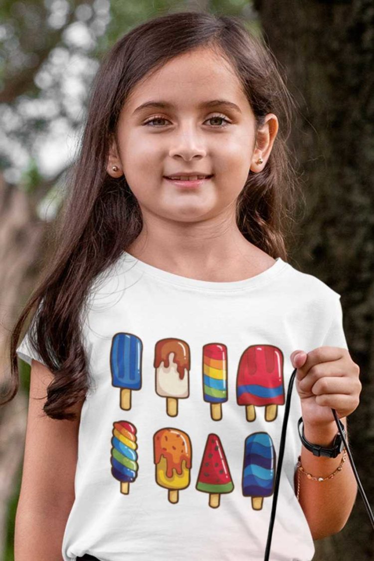 sweet girl in a white tshirt with a set of popsicles
