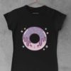 black tshirt with a pink purple smiling donut
