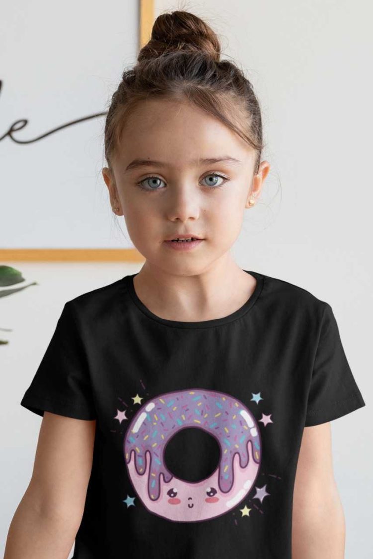 cute girl in a black tshirt with a pink purple smiling donut