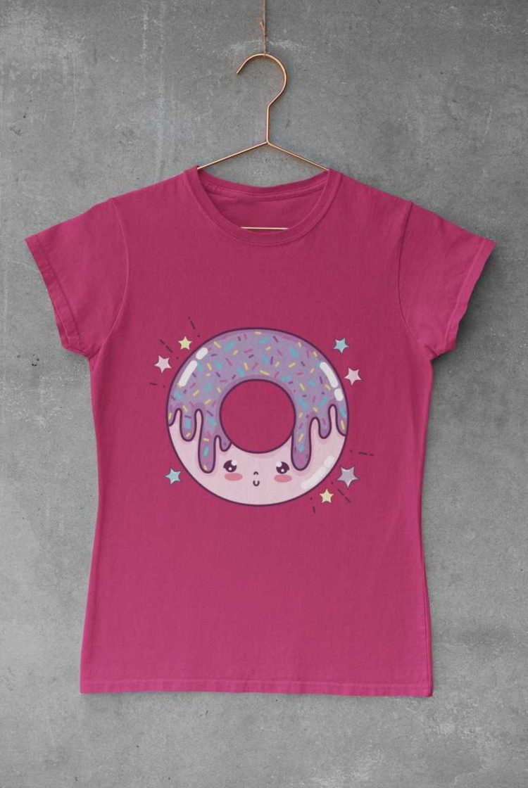 dark pink tshirt with a pink purple smiling donut