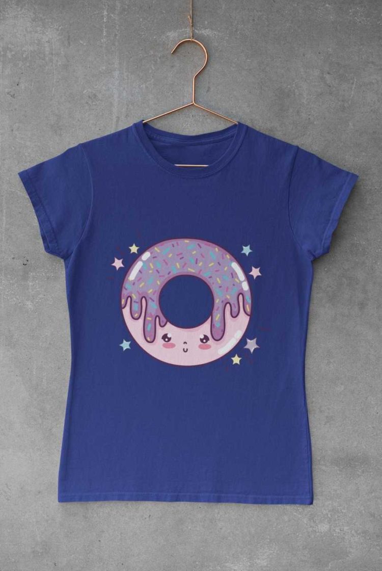 deep blue tshirt with a pink purple smiling donut