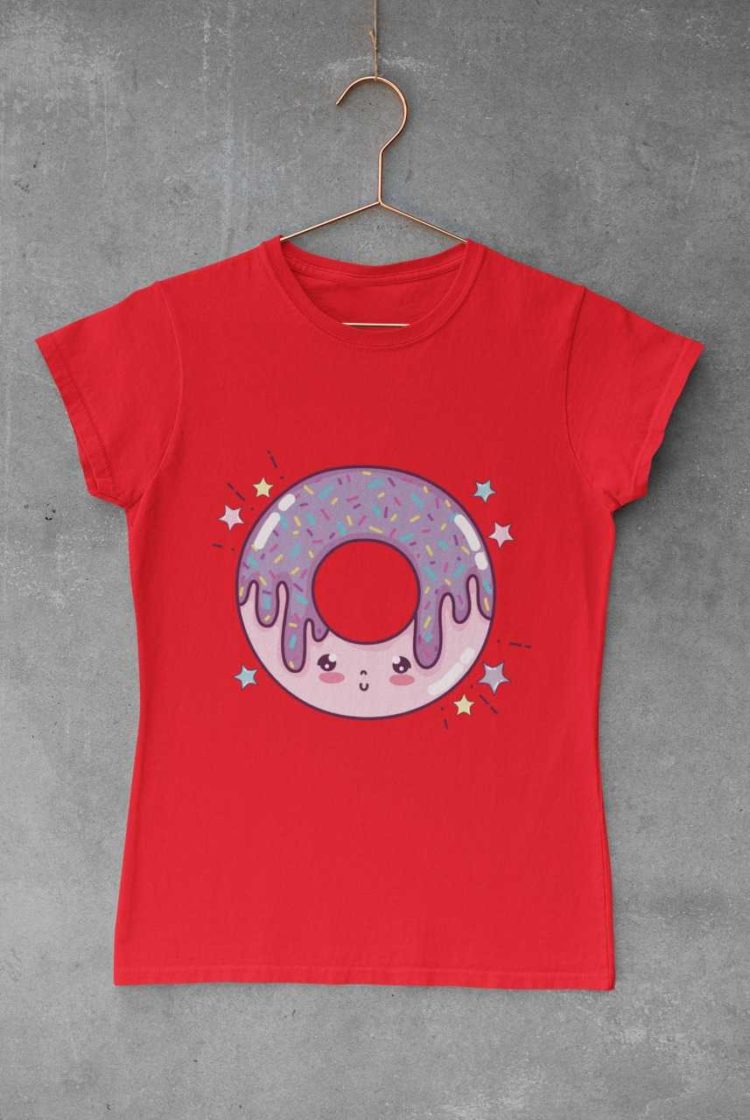red tshirt with a pink purple smiling donut
