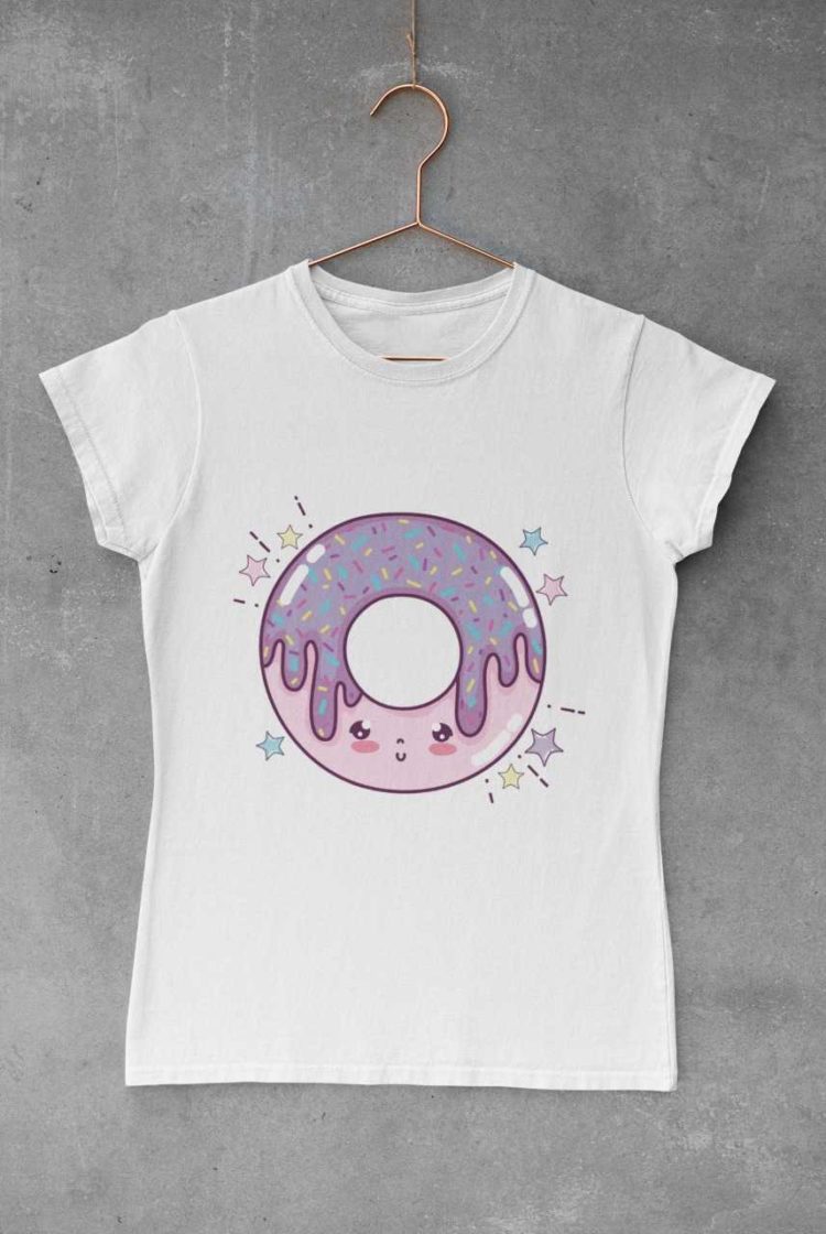 white tshirt with a pink purple smiling donutwhite tshirt with a pink purple smiling donut