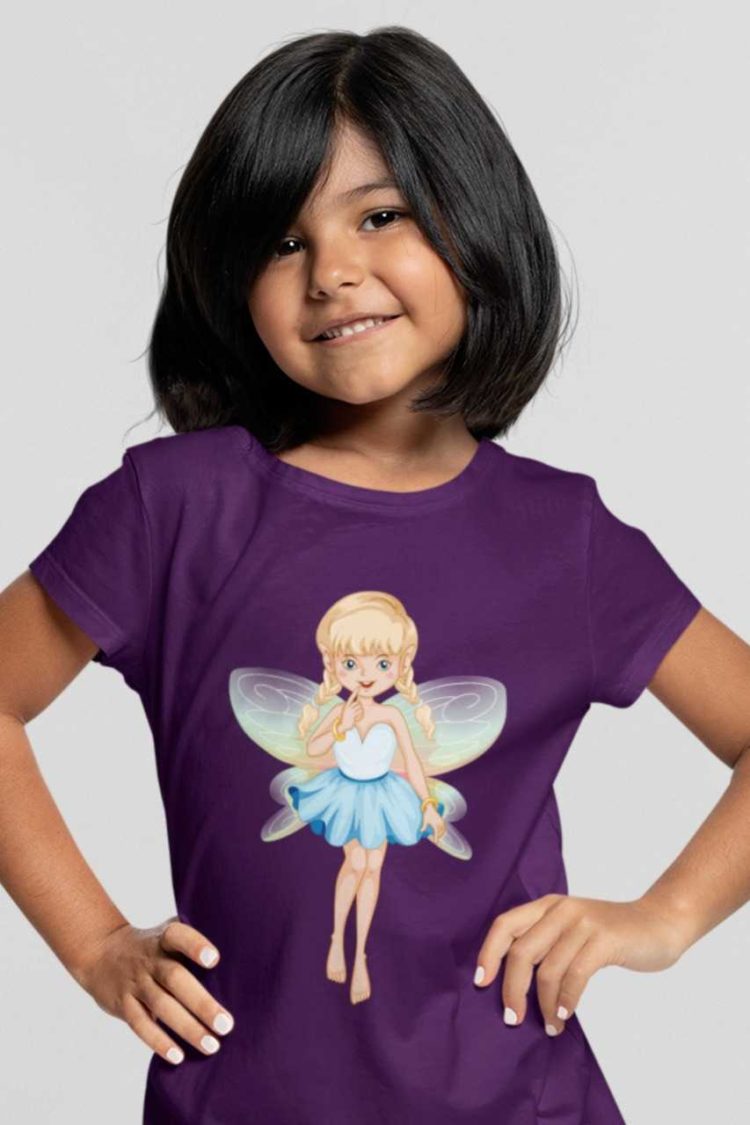 cute girl in a purple tshirt with a little fairy in a blue dress