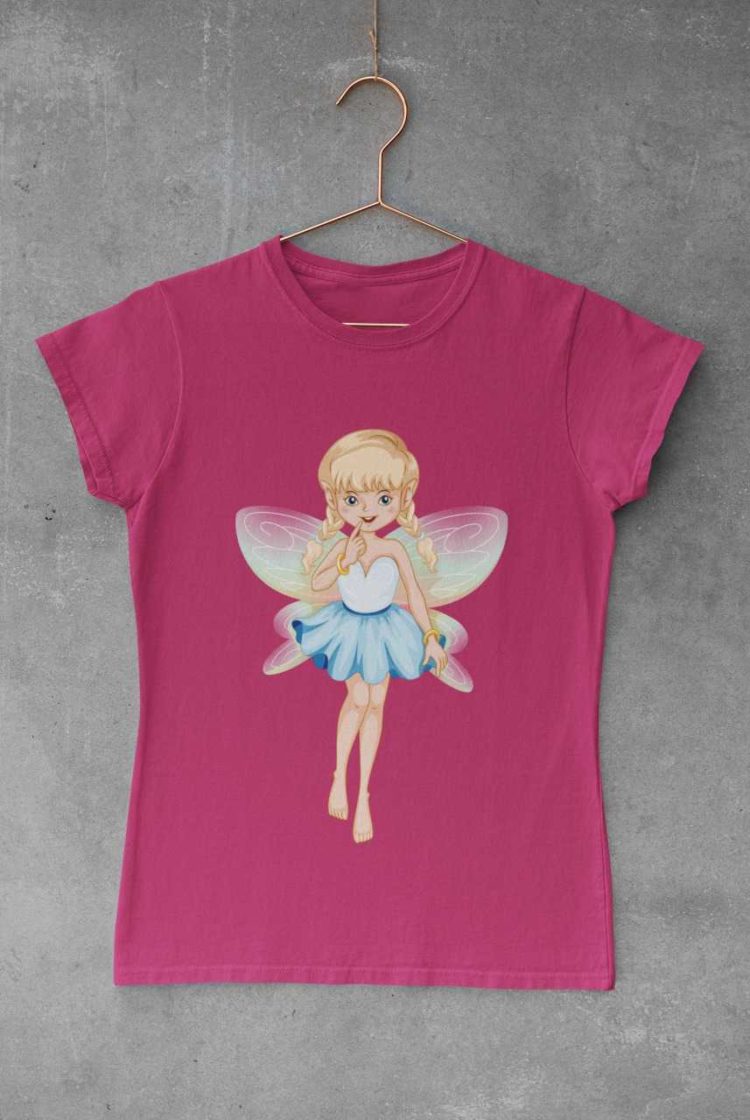 dark pink tshirt with a little fairy in a blue dress
