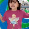 little girl in a dark pink tshirt with a little fairy in a blue dress