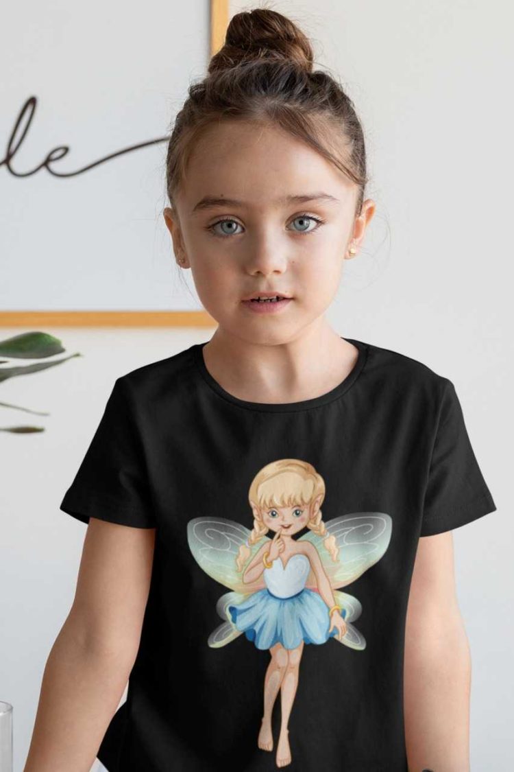 pretty girl in a Black tshirt with a little fairy in a blue dress