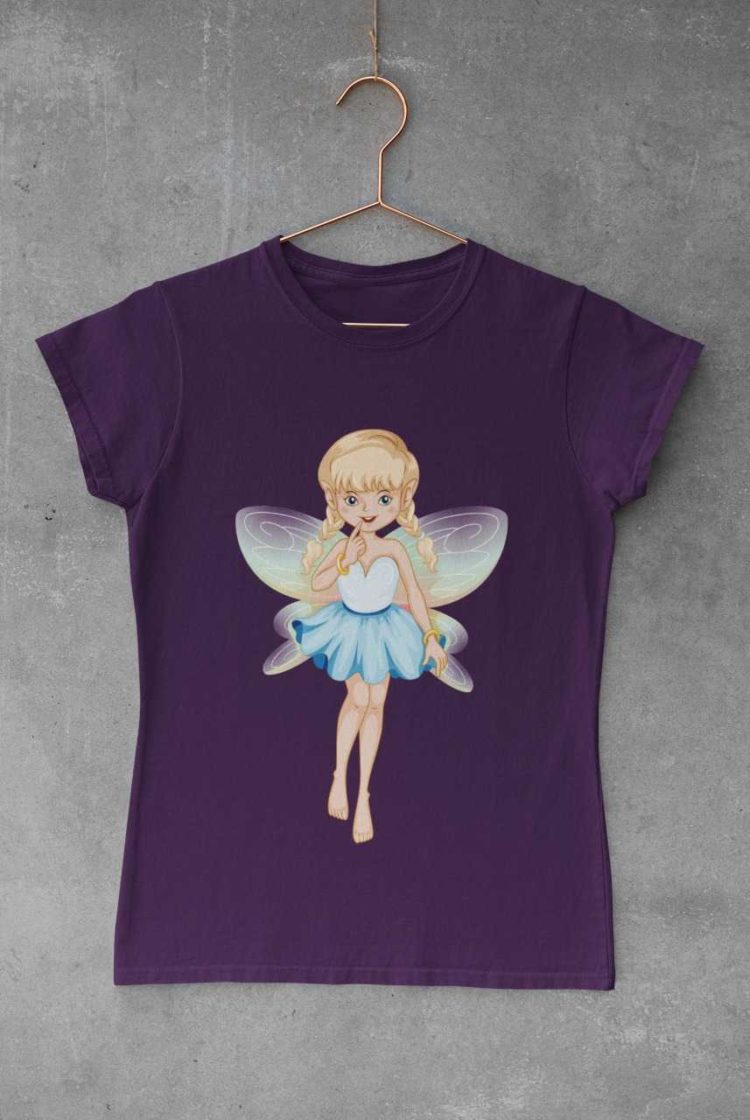 purple tshirt with a little fairy in a blue dress