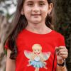sweet girl in a red tshirt with a little fairy in a blue dress