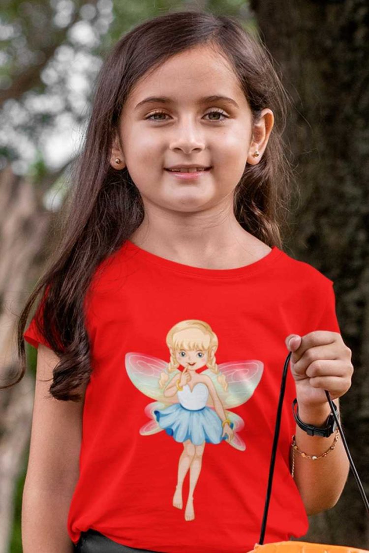 sweet girl in a red tshirt with a little fairy in a blue dress