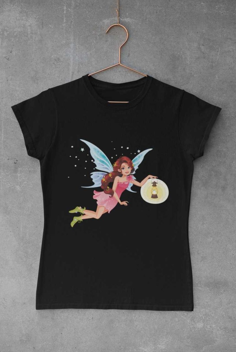 Black tshirt with a fairy holding a lantern