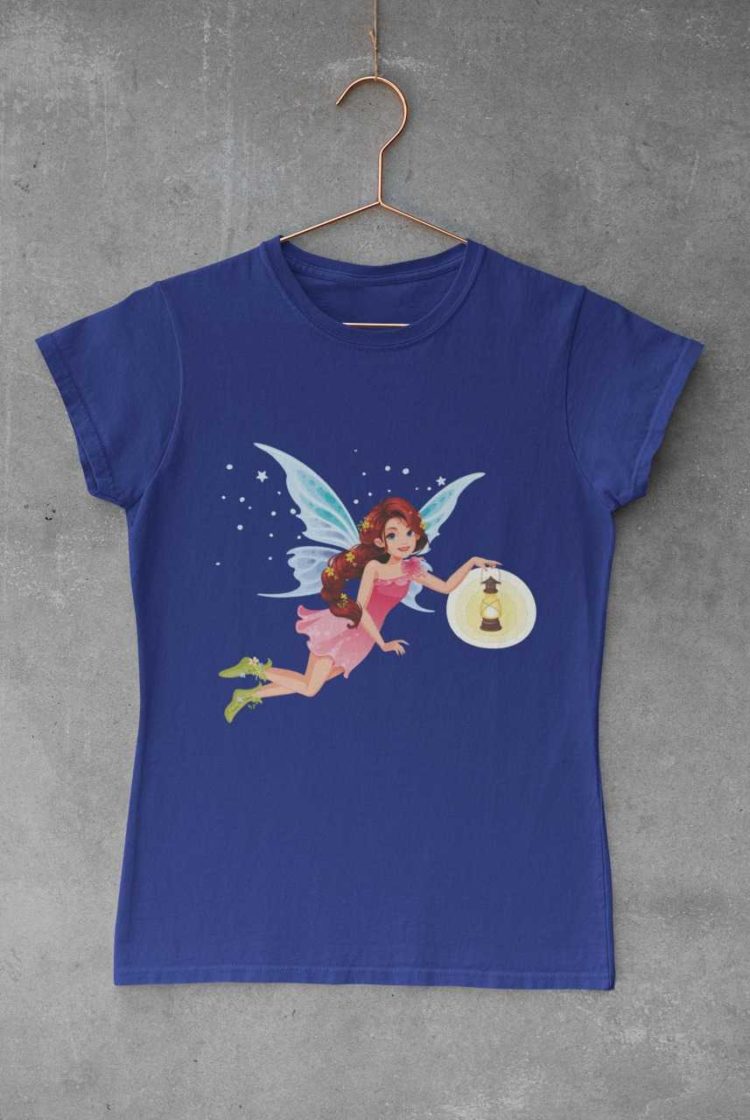 deep blue tshirt with a fairy holding a lantern