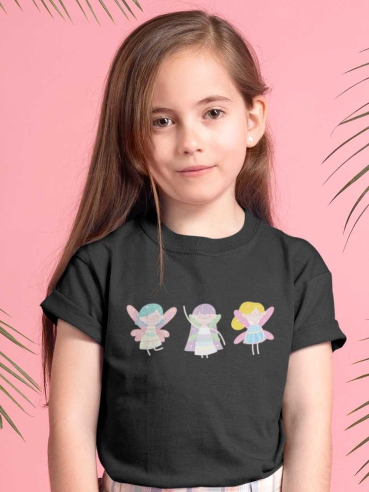 Cute girl in a black tshirt with Three little fairies