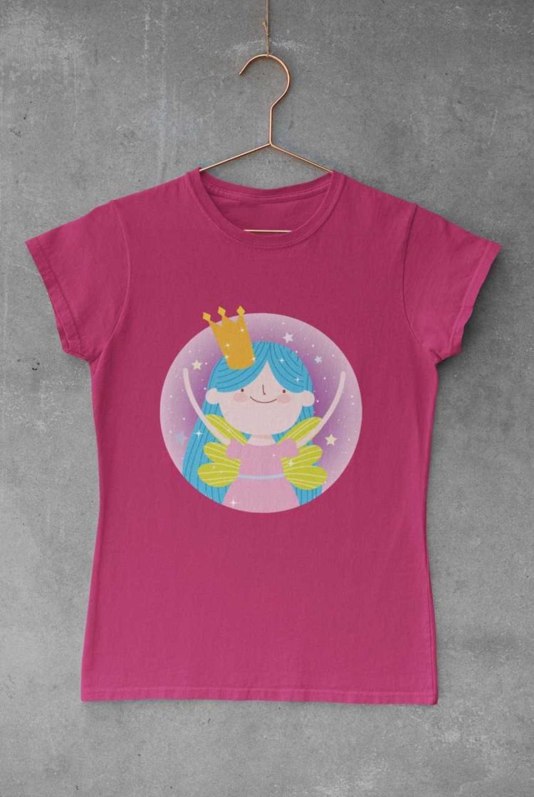 Dark pink tshirt with a little fairy wearing a crown