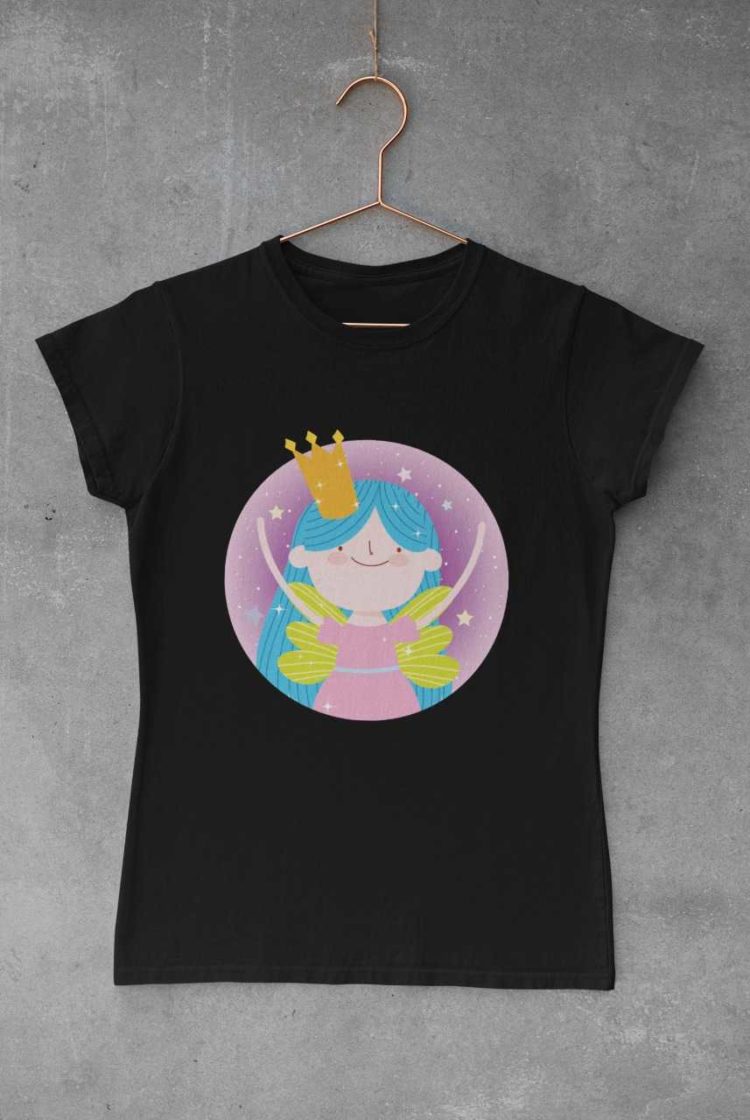 black tshirt with a little fairy wearing a crown