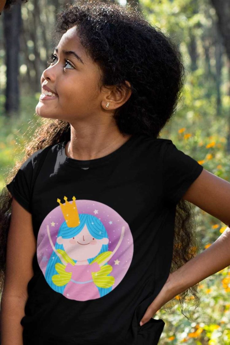 cute girl in a black tshirt with a little fairy wearing a crown