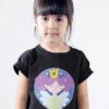 Cute girl in a black tshirt with a little princess fairy with purple hair