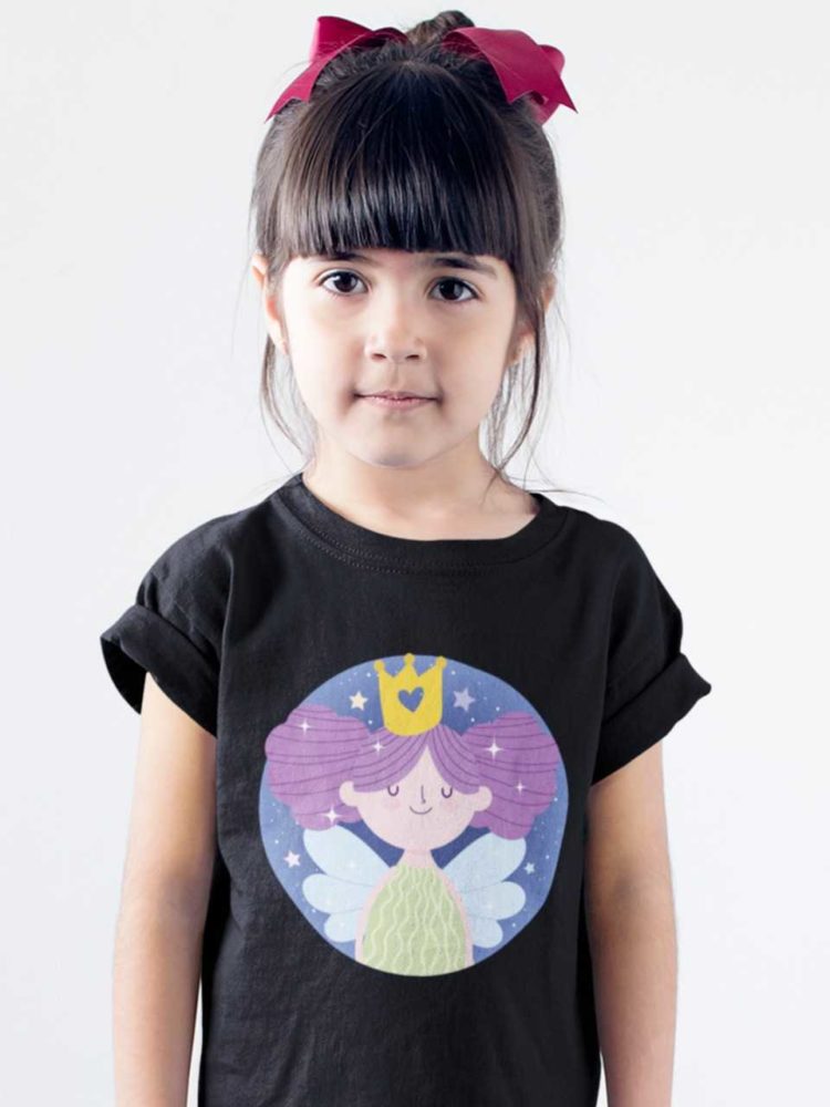 Cute girl in a black tshirt with a little princess fairy with purple hair