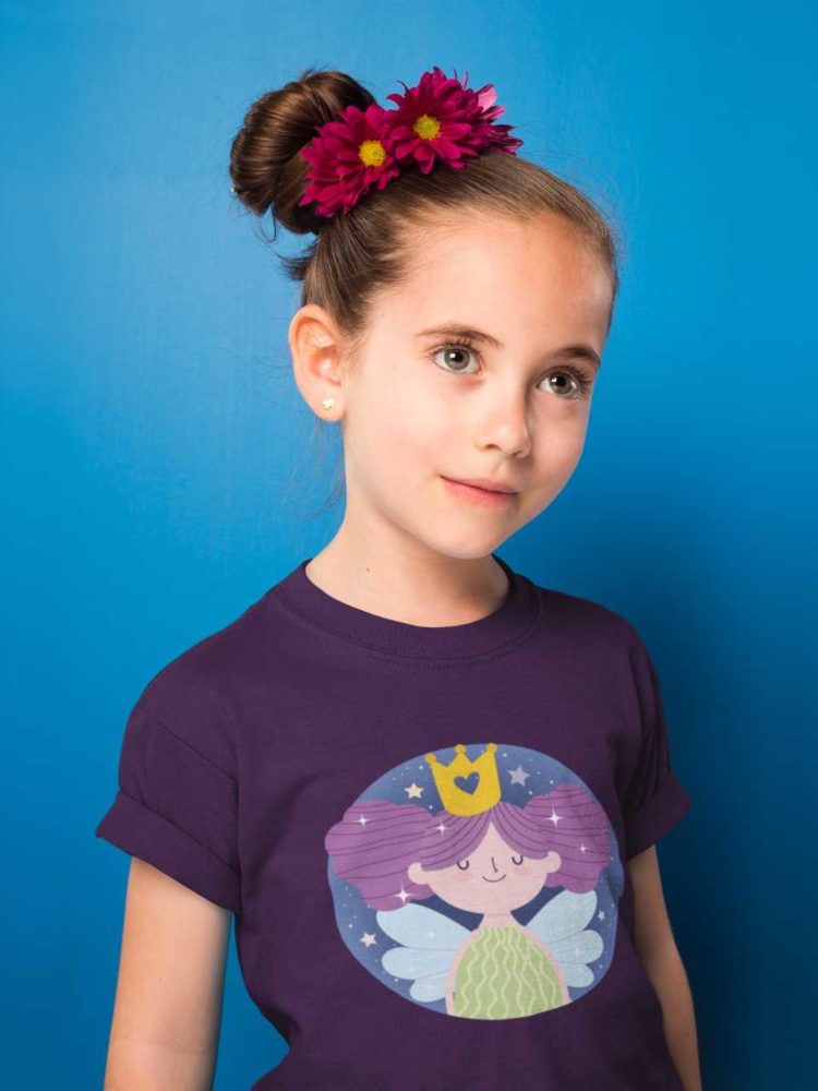 beautiful girl in a black tshirt with a little princess fairy with purple hair