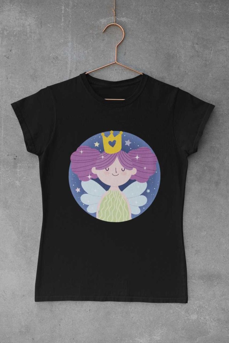 black tshirt with a little princess fairy with purple hair