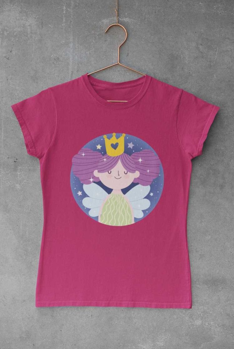 dark pink tshirt with a little princess fairy with purple hair