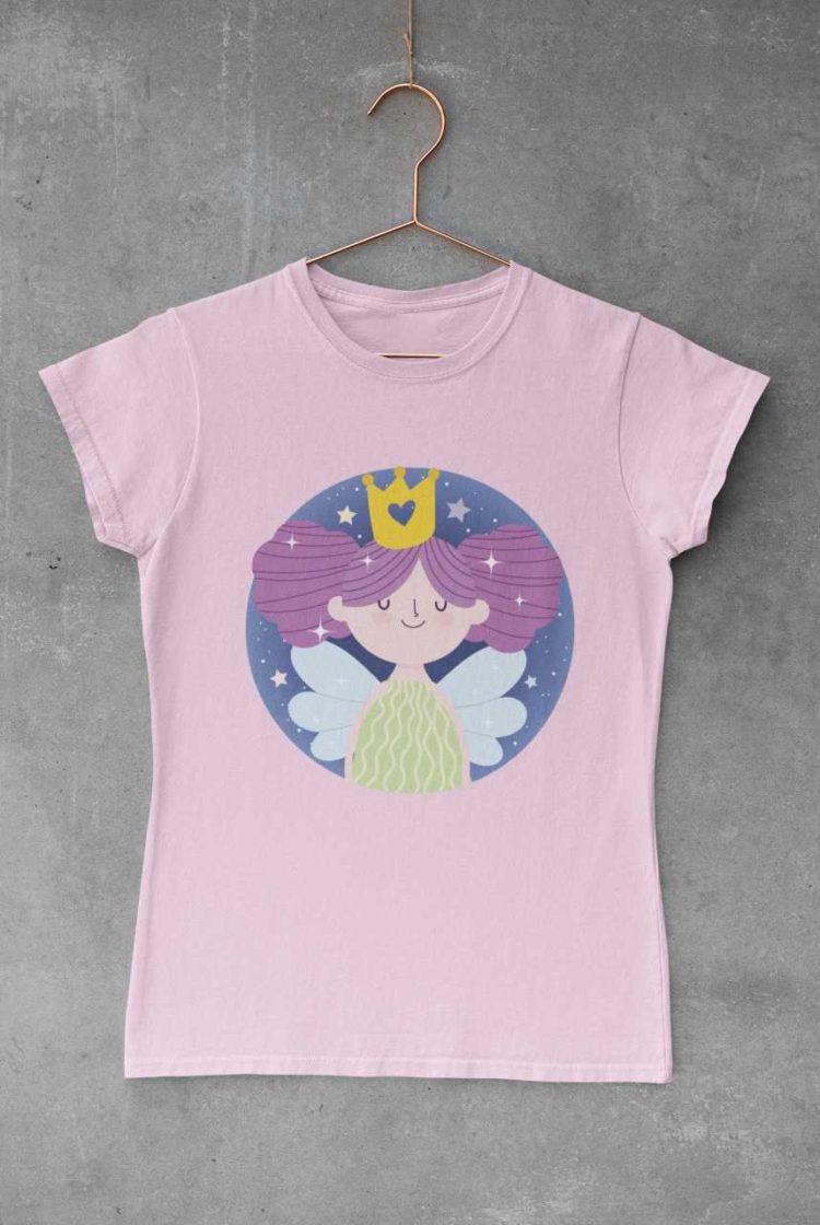 light pink tshirt with a little princess fairy with purple hair