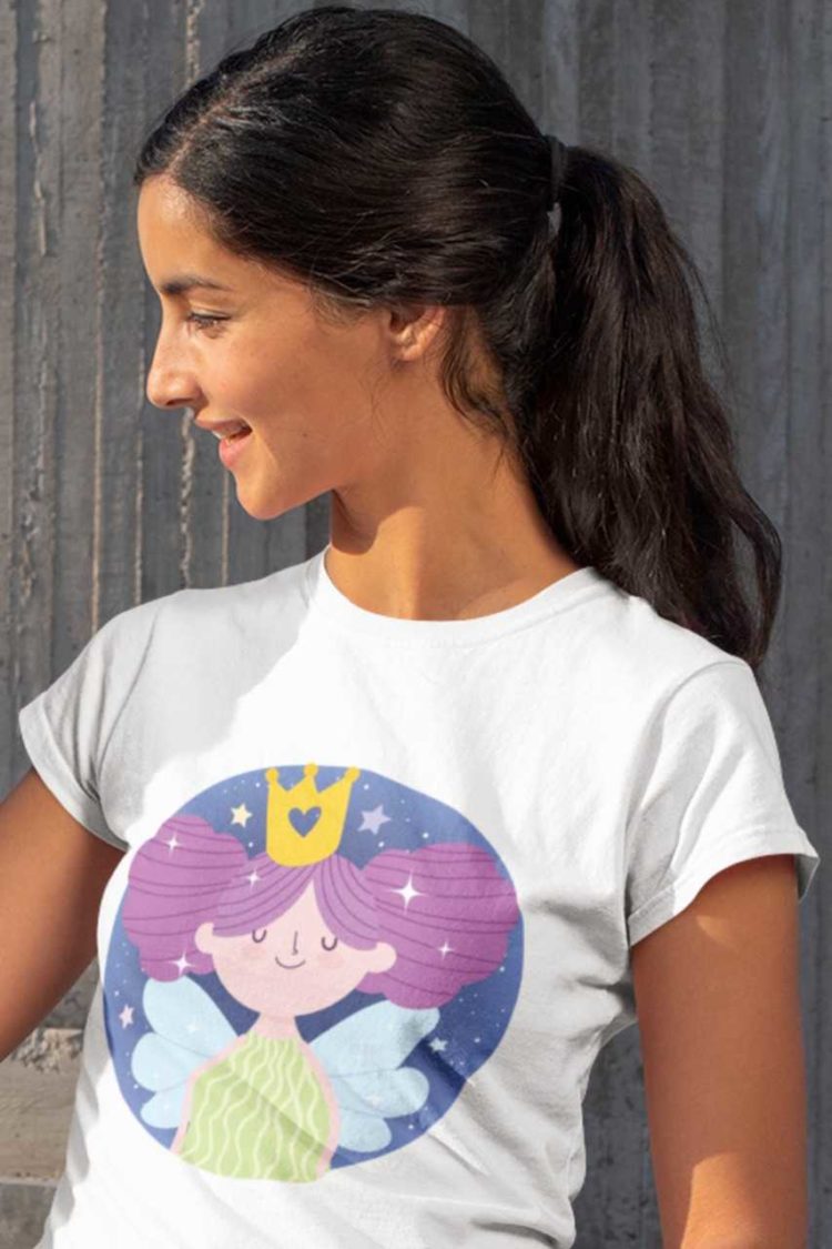 lovely girl in a white tshirt with a little princess fairy with purple hair