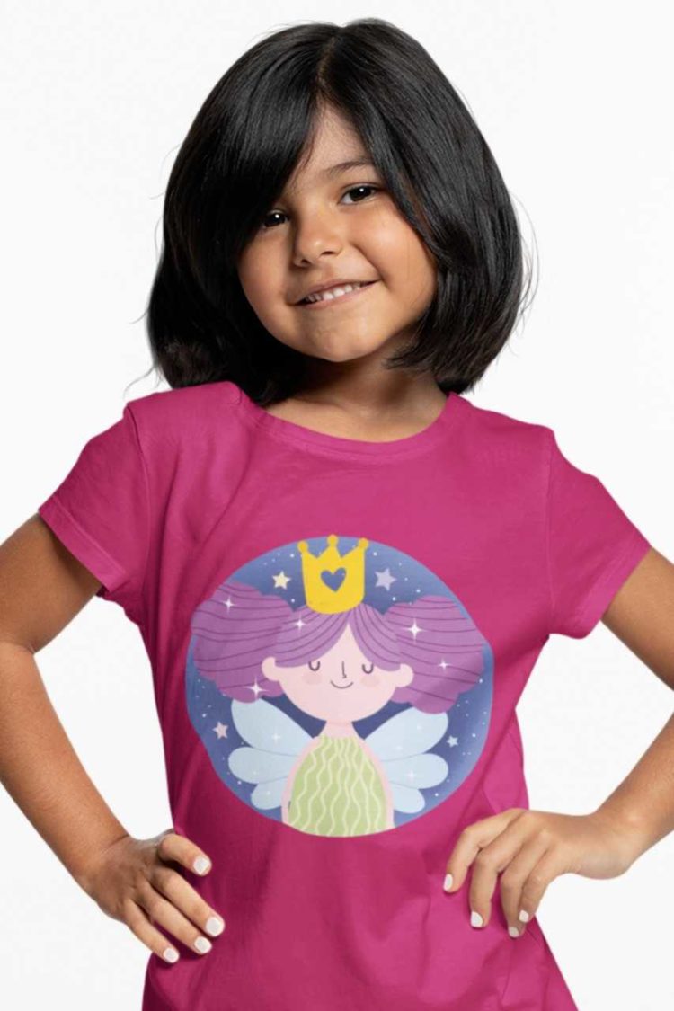 pretty girl in a dark pink tshirt with a little princess fairy with purple hair