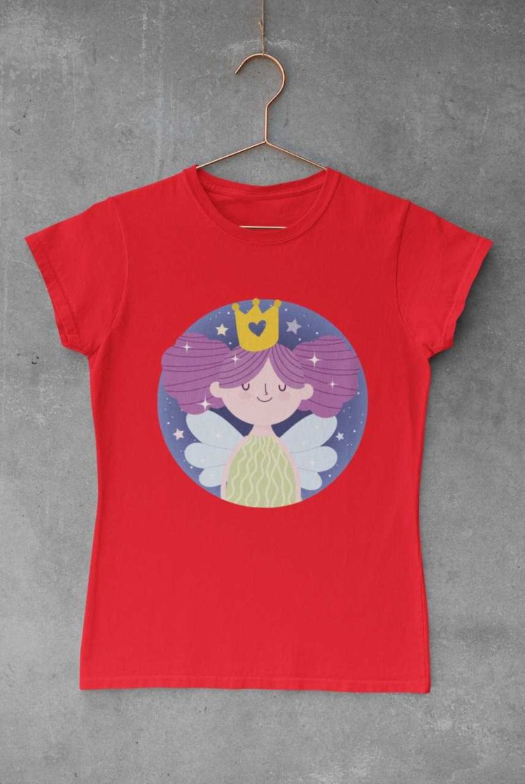 red tshirt with a little princess fairy with purple hair