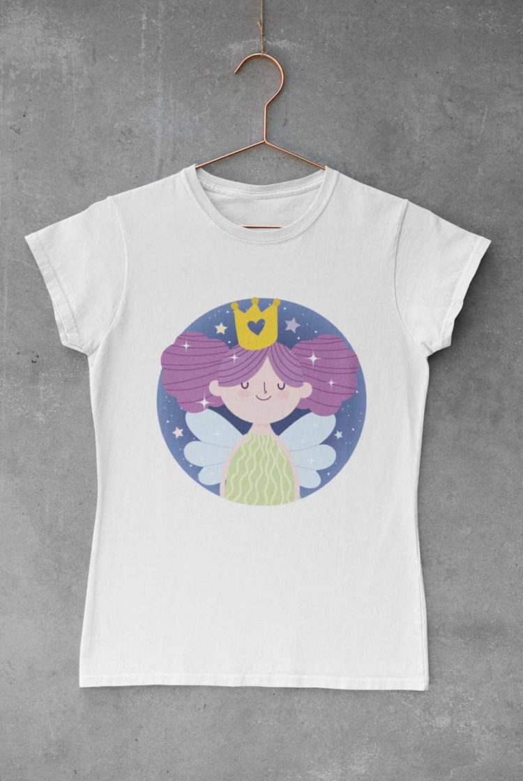 white tshirt with a little princess fairy with purple hair