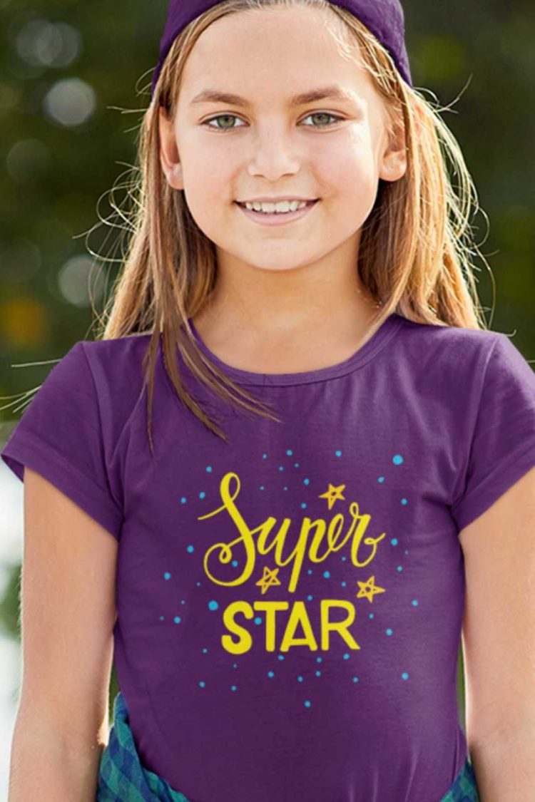 Cute girl in a purple Super Star tshirt