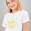 girl smiling in a white Super Star tshirt