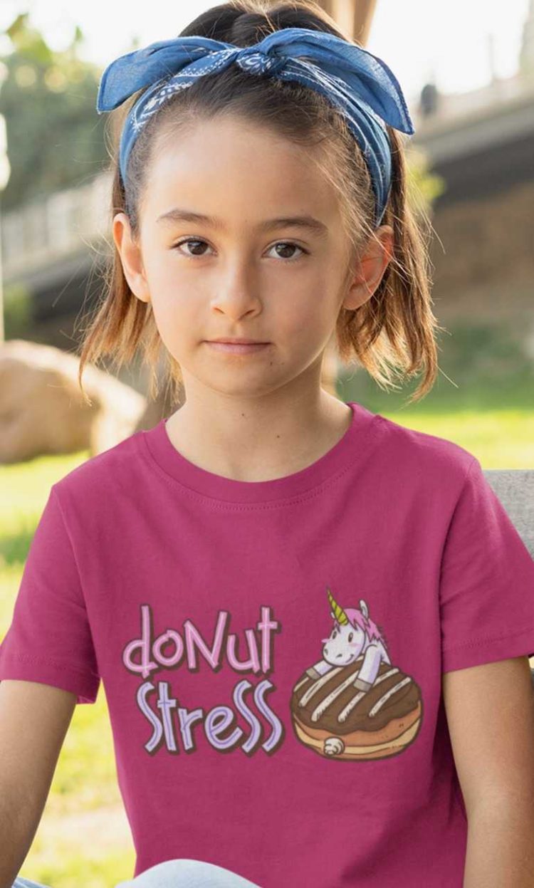 Cute girl in a Dark pink Donut Stress Tshirt