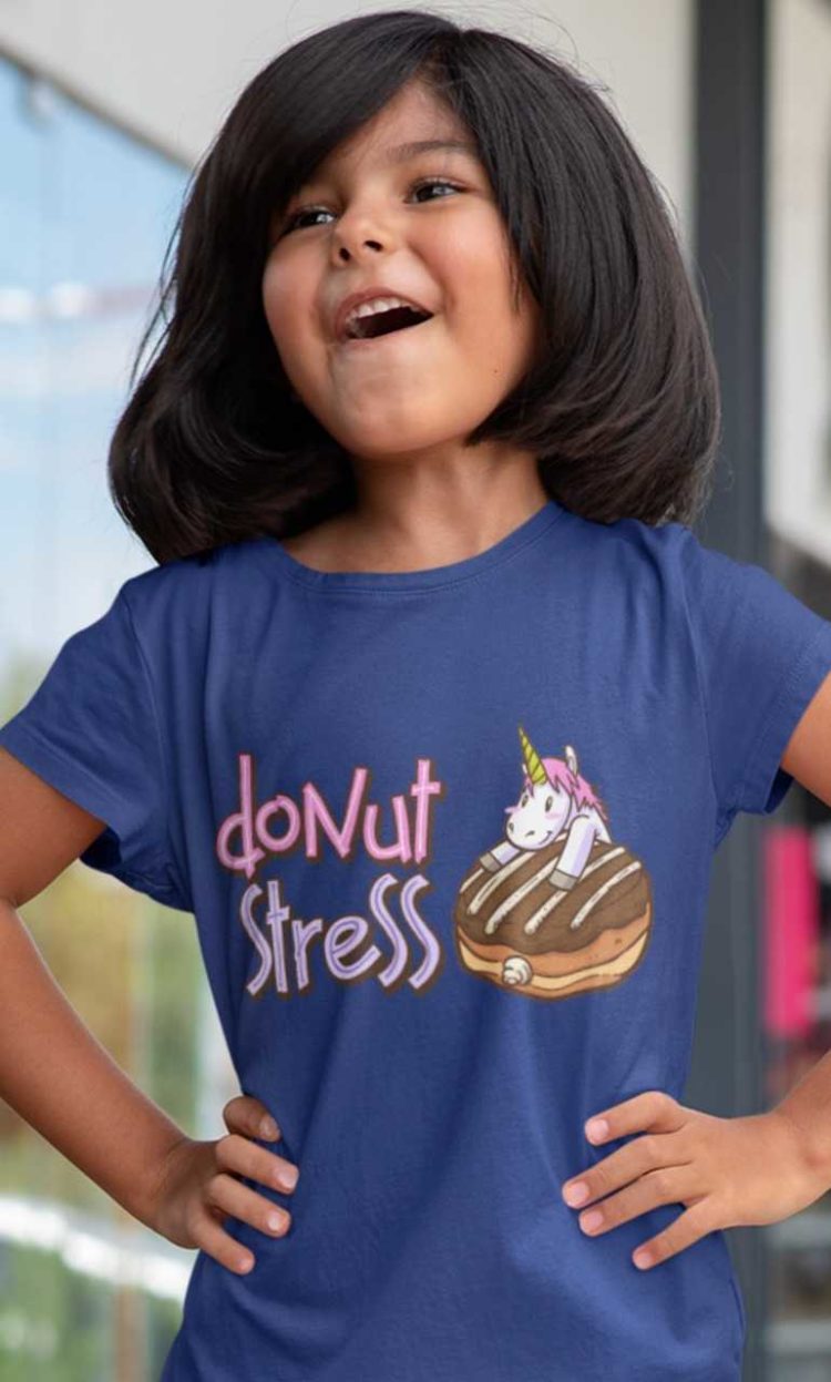 Girl playing a Deep blue Donut Stress Tshirt