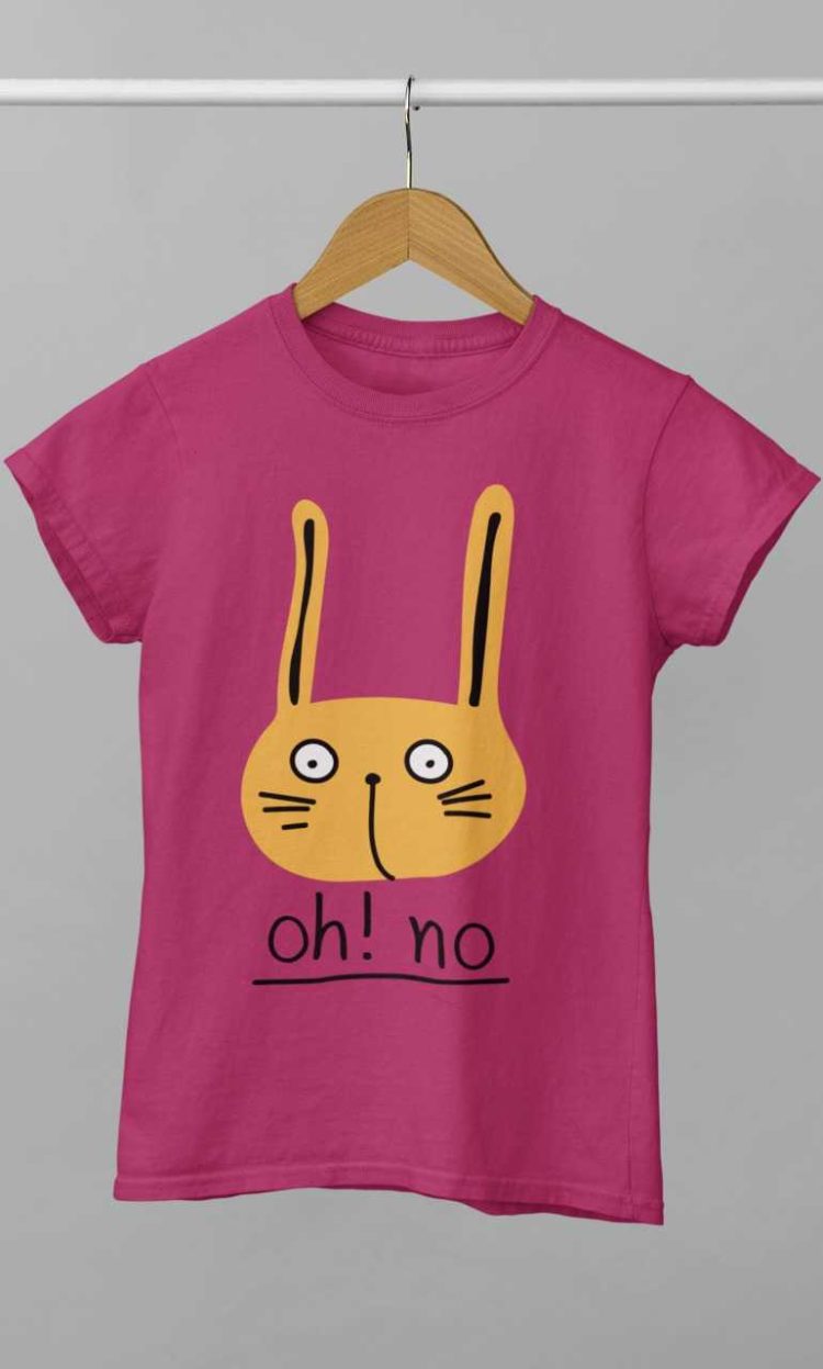 dark pink tshirt with Cat saying Oh No!