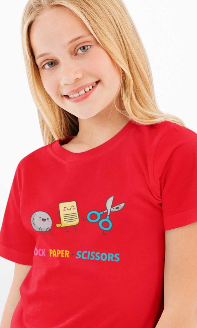 lovely girl in a red rock paper scissors tshirt