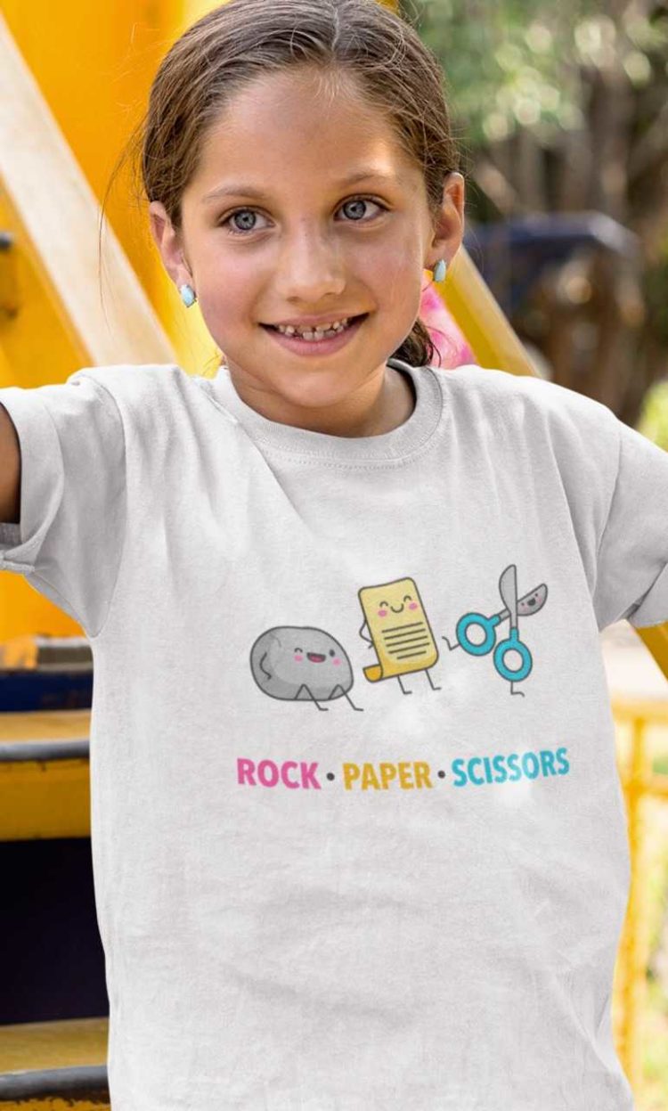 sweet girl in a white rock paper scissors tshirt