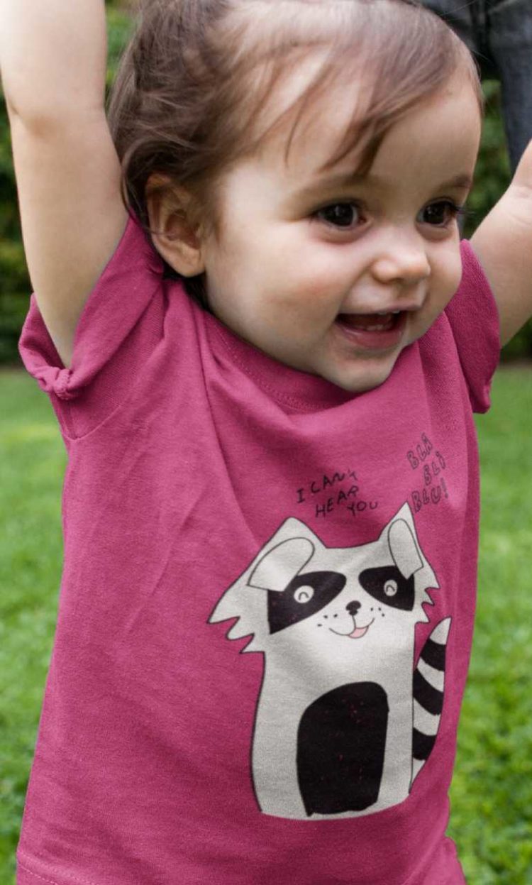 Little girl in a dark pink Funny Raccoon Tshirt