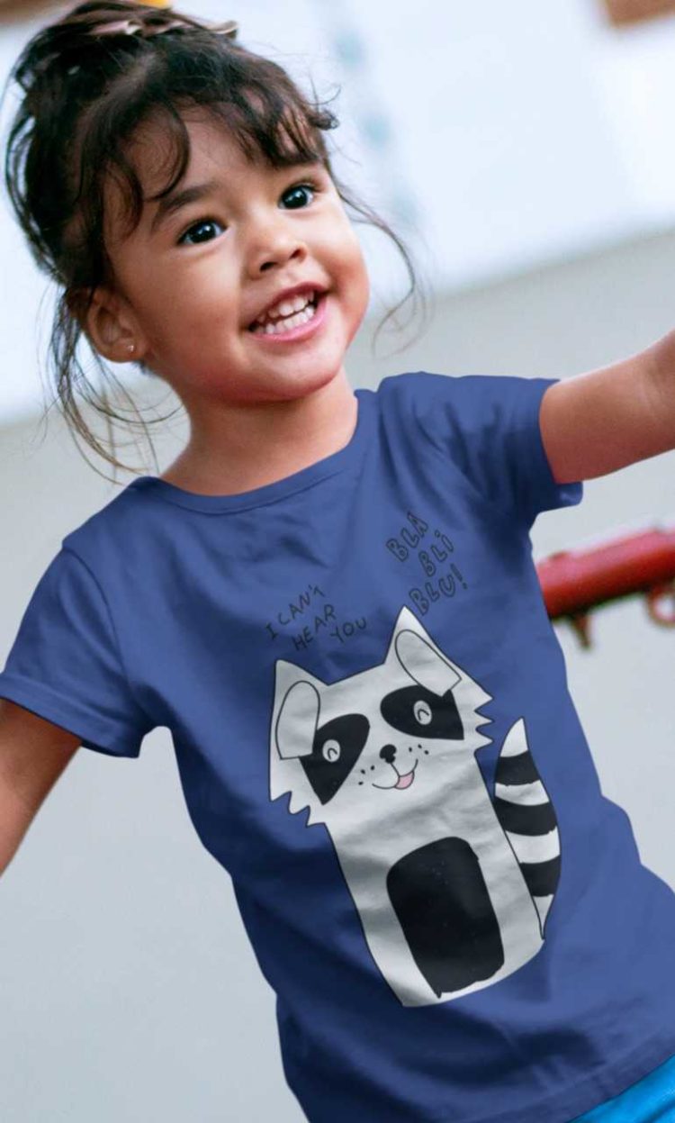 Sweet little girl in a Deep Blue Funny Raccoon Tshirt