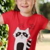 cute girl in a red Funny Raccoon Tshirt