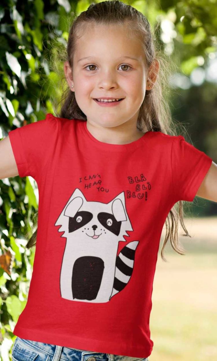cute girl in a red Funny Raccoon Tshirt
